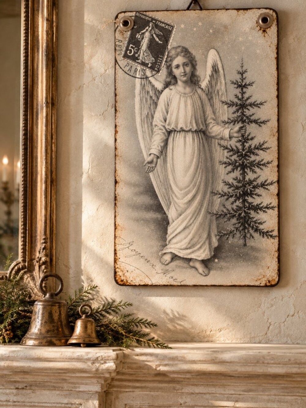 Vintage Victorian Christmas Scene Wall Art With Old World Postmark Graphic